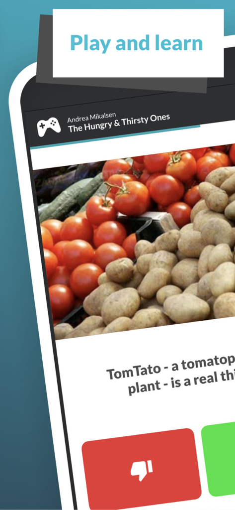 Attensi SKILLS - Interface of Attensi SKILLS app displaying a gamified learning module titled Play and Learn with a quiz about food and produce.