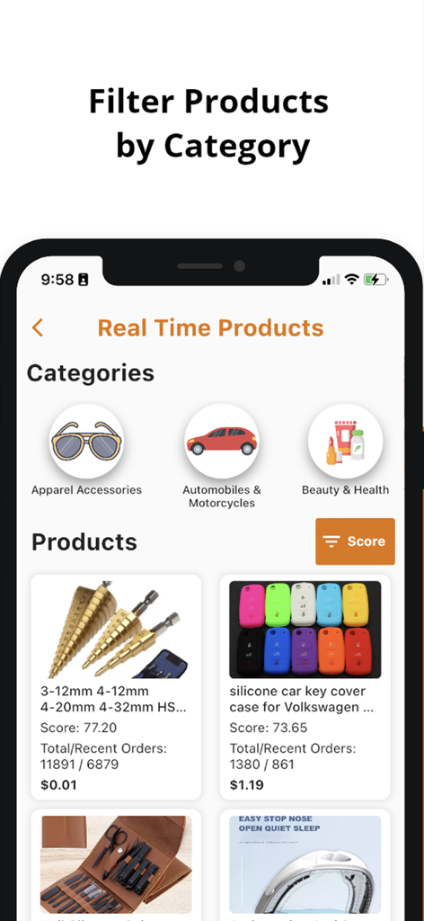 Dropshipping Analytics - Pantalla de smartphone mostrando categorías de productos y listados de productos en tiempo real en la aplicación Dropshipping Analytics.