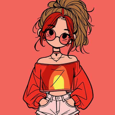 girl with a messy ponytail glasses a baggy crop top and jean shorts