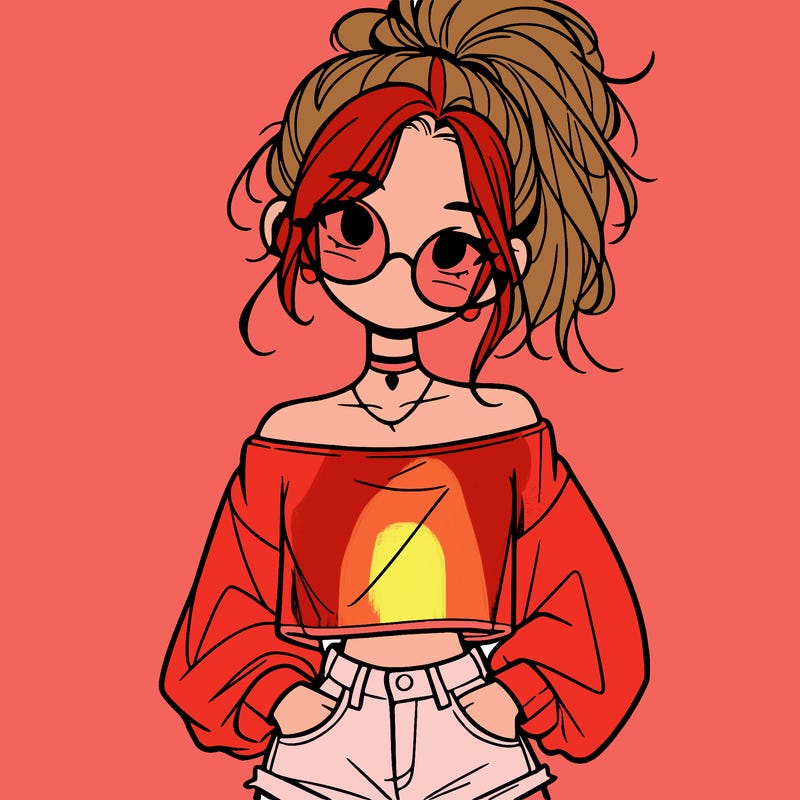 girl with a messy ponytail glasses a baggy crop top and jean shorts