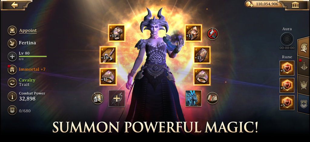 Rise of Firstborn - Character customization screen for hero Fertina in Rise of Firstborn showing level 80 stats and powerful equipment