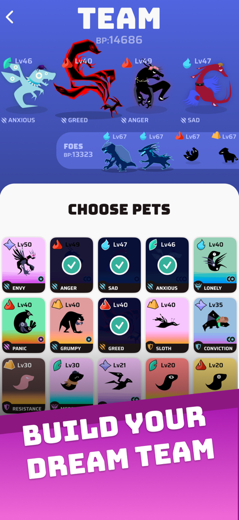 Ein Bildschirm in Voidpet Dungeon, auf dem Spieler verschiedene emotionsbasierte Haustiere auswählen, um ein Team aufzubauen