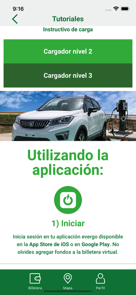 Tutorial screen of the Evergo app showing electric vehicle charging instructions and an EV at a charging station.