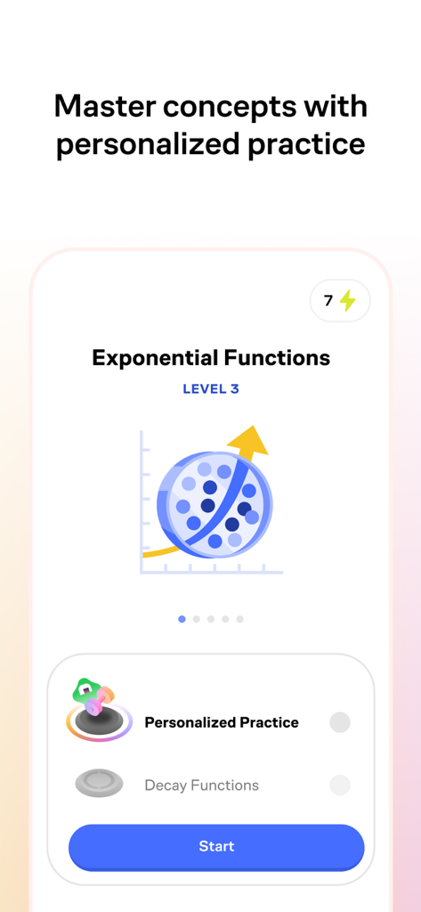 Interface of the Brilliant app showing an exponential functions lesson with personalized practice options