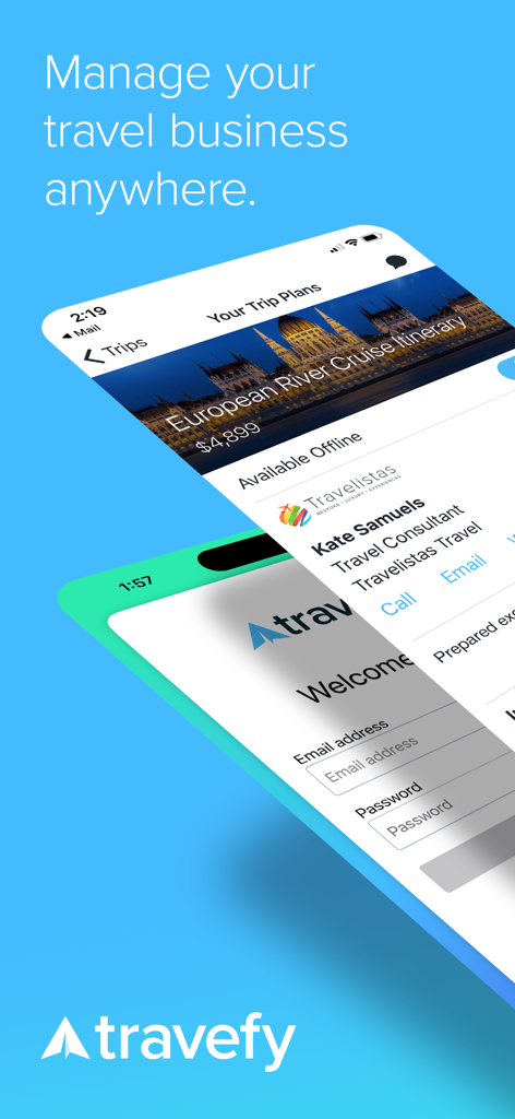 Mobile screens displaying the Travefy Pro app with a client itinerary and travel professional profile