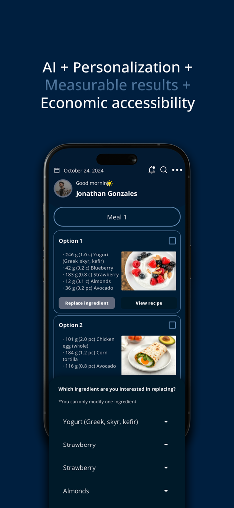 Now Me App En - Screenshot of the Now Me App En interface showing personalized AI meal plan options and an ingredient replacement feature for a user profile