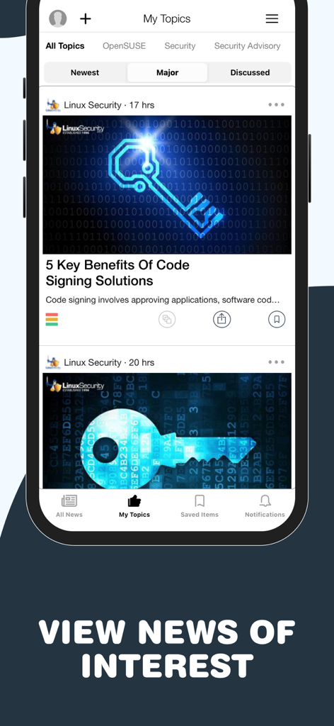 Open Source & Software News - A smartphone displaying the My Topics section of the Open Source and Software News app featuring Linux security articles.