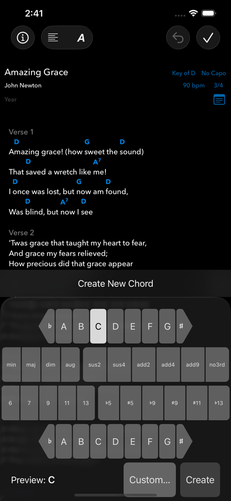 SongSheet Pro School Edition - Interfaz del editor de acordes en SongSheet Pro que muestra la letra de Amazing Grace con una paleta de selección de acordes.