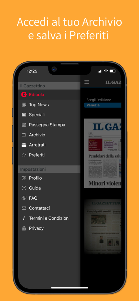Il Gazzettino - A smartphone showing the side navigation menu of the Il Gazzettino news app with options for archives and favorites.