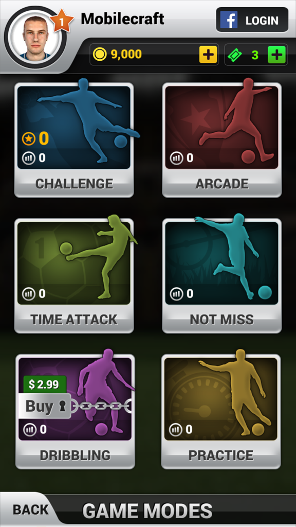 Pantalla de selección de modos de juego para el juego móvil de fútbol Flick Shoot 2.