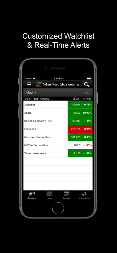MarketScreener - Interfaccia dell'app MarketScreener che mostra una watchlist di azioni con aggiornamenti dei prezzi in tempo reale e avvisi.