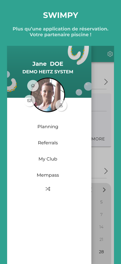 Swimpy - Swimpy mobile app user profile interface displaying navigation menu with planning and membership options.