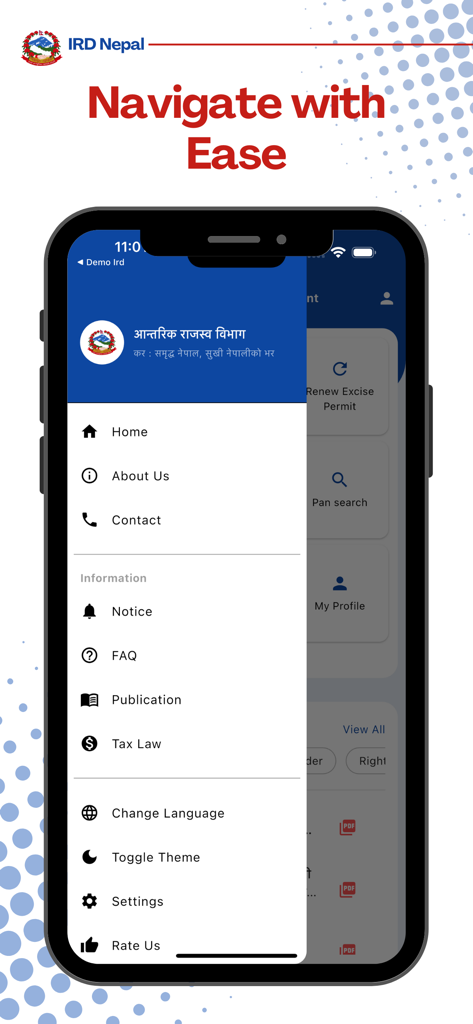 Side navigation menu of the IRD Nepal mobile app showing tax laws and information sections