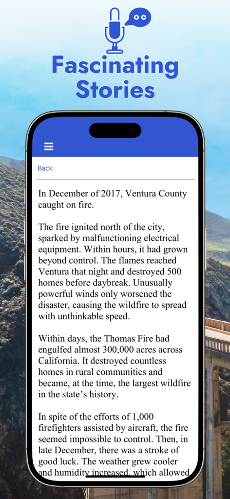 Pacific Coast Highway 1 Guide app screen displaying a fascinating historical story about Ventura County