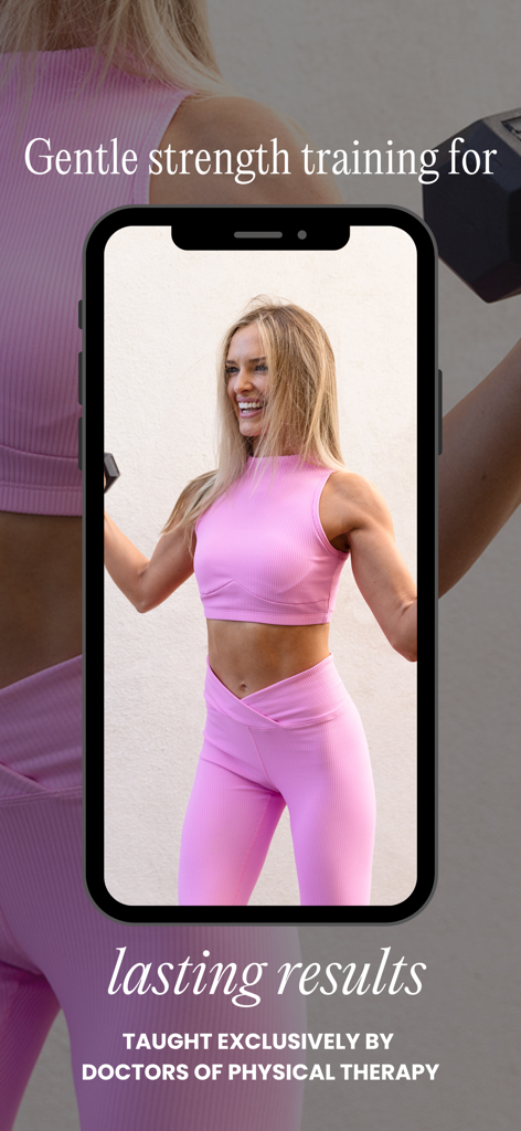 Evlo Fitness - A woman in pink activewear smiling while lifting a dumbbell for a gentle strength training workout taught by Doctors of Physical Therapy.