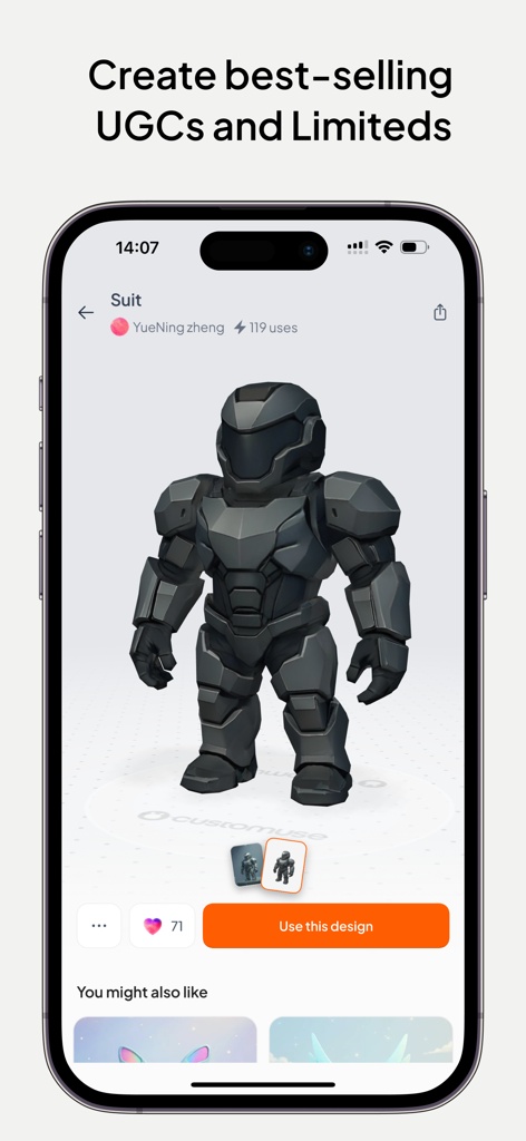 Interface de l'application Customuse montrant un design de combinaison d'armure futuriste 3D pour les avatars de jeu.
