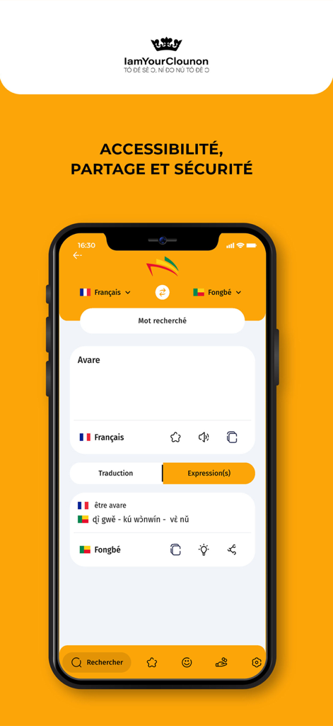 Uma captura de tela do aplicativo Dico des Langues Beninoises mostrando uma tradução do francês para Fongbe da palavra Avare