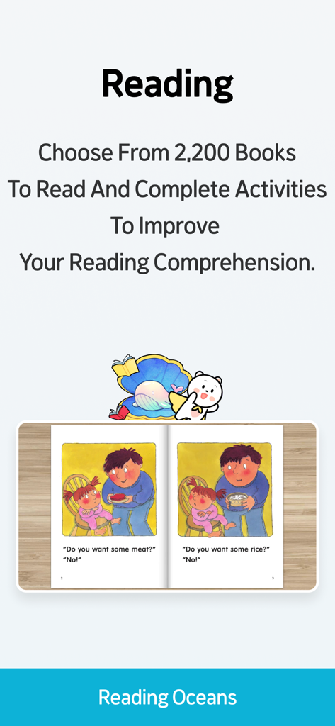 BIGBOX -  Fun English Learning - Captura de pantalla de la aplicación BIGBOX que muestra la sección Océanos de Lectura con una biblioteca digital de más de 2200 libros para niños