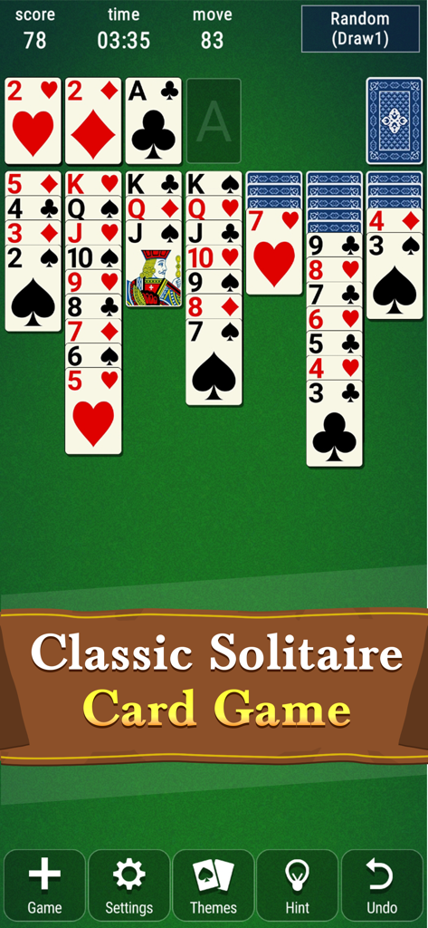 Classic Solitaire Patience game interface with cards on a green background