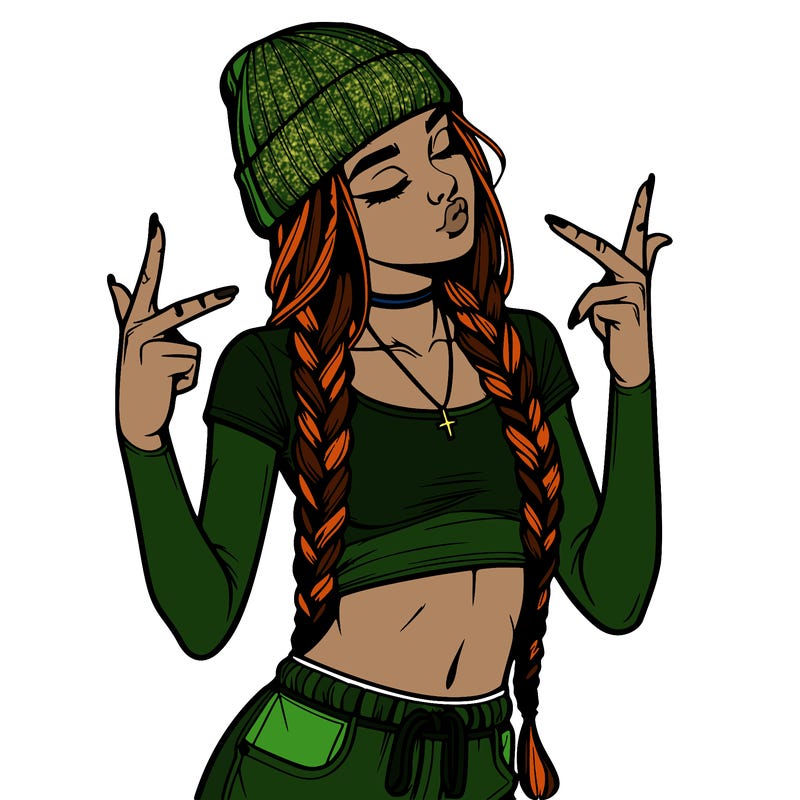 realistic teenage girl with braids and a beanie and crop top doing 🫶🏼