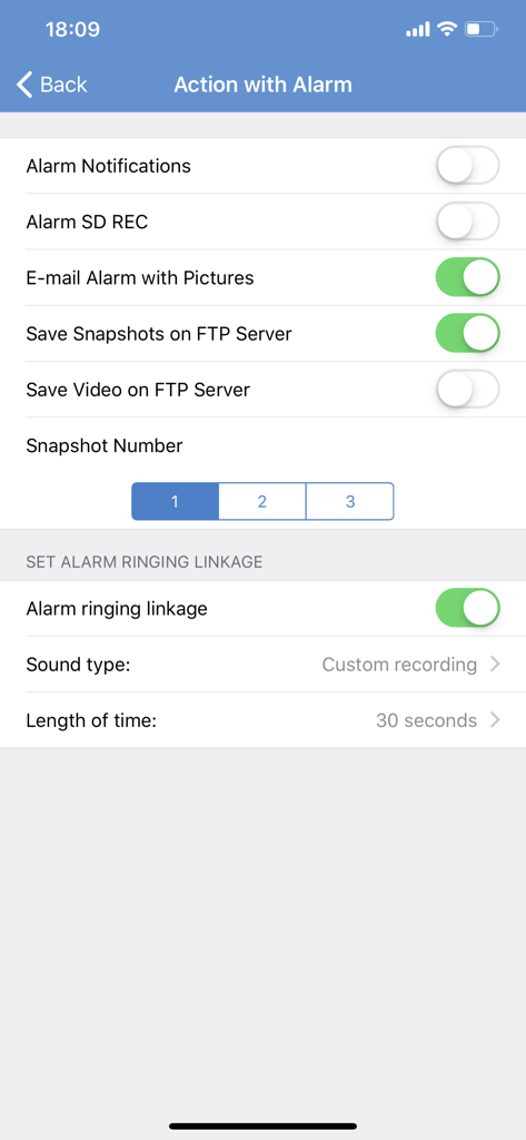 CamHi - CamHi app settings screen for configuring alarm notifications and camera recording actions
