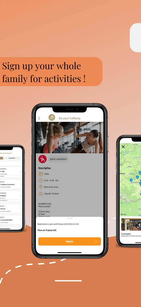 Screens of the Sandaya luxury camping app showing family activity registration and an interactive campsite map
