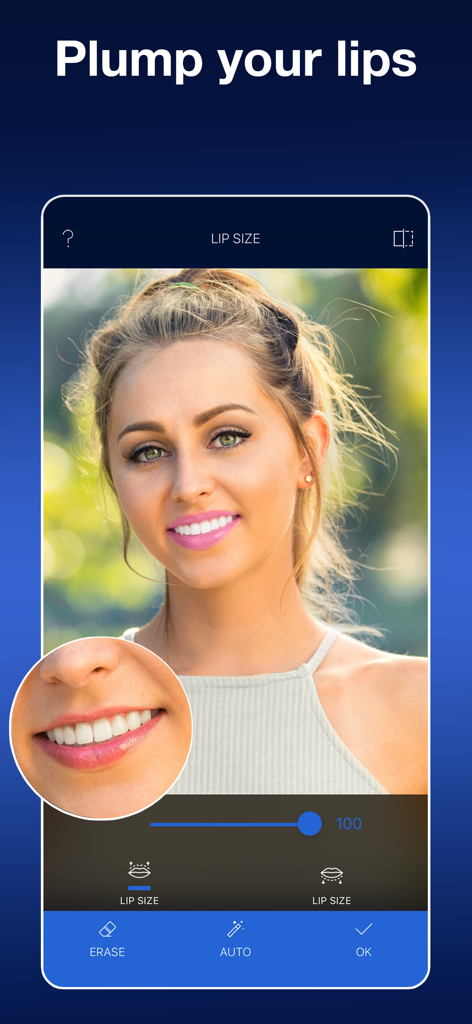 Interfaz del editor de fotos AI Blanqueador de Dientes mostrando la función de relleno de labios y blanqueamiento de dientes.