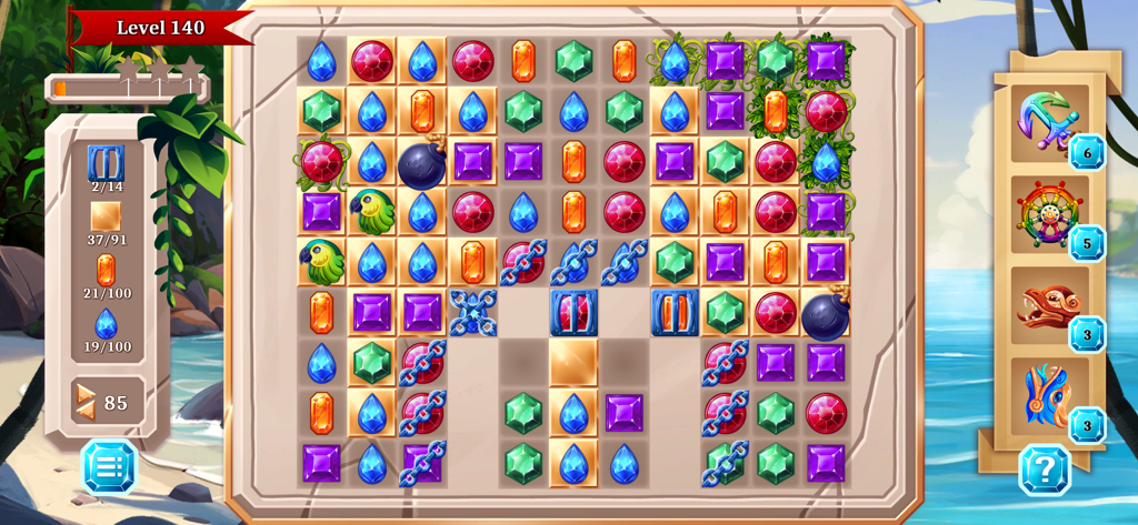 Jewel Quest - Match3 Adventure - A match 3 puzzle board from Jewel Quest featuring colorful gems and pirate themed power ups on a tropical beach background