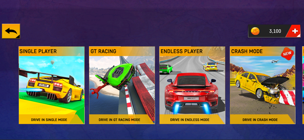 Drive Real Car Games - Game menu showcasing Single Player, GT Racing, Endless Player, and Crash modes with various sports cars.