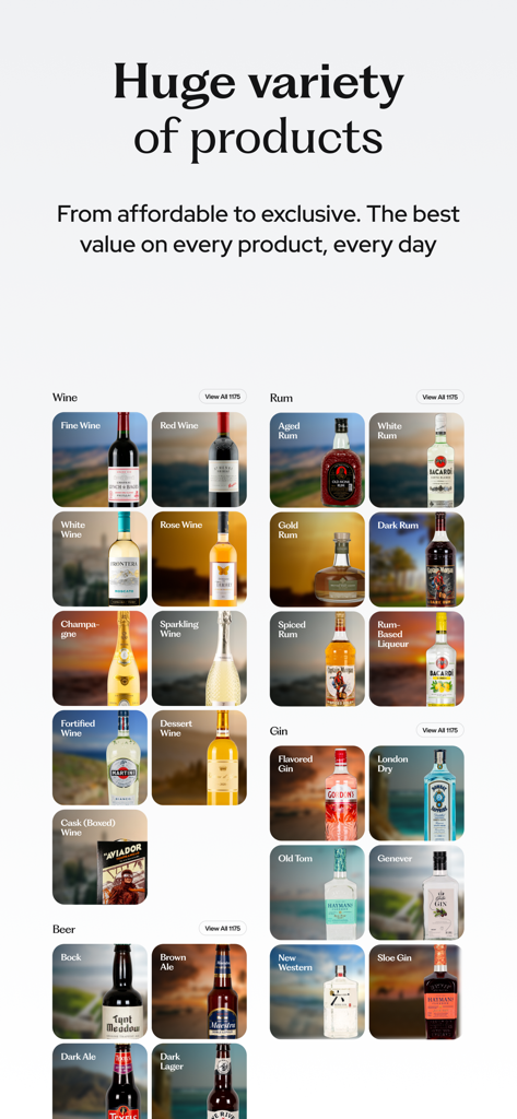 Uma captura de tela do aplicativo CityDrinks mostrando uma ampla variedade de categorias de produtos, incluindo Vinho, Rum, Gin e Cerveja com várias opções de garrafas.