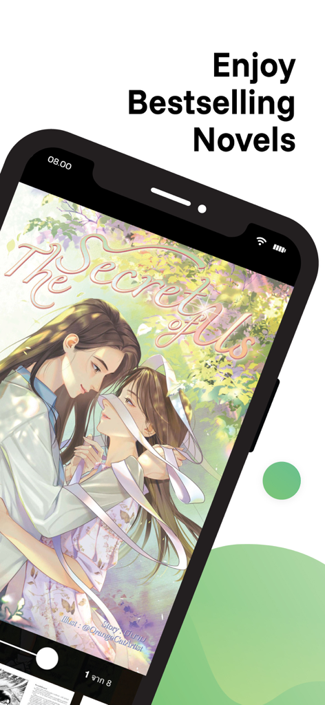Meb : หนังสือดี นิยายดัง - Meb mobile e-books app showing the cover of a bestselling Thai GL novel titled The Secret of Us on a smartphone screen.