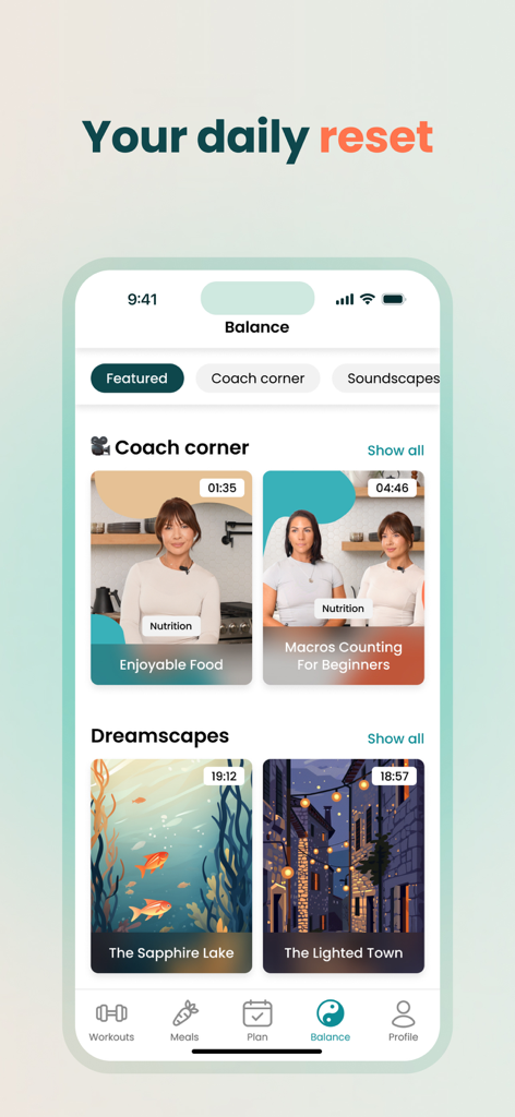Raize fitness app interface showing nutrition advice and mindfulness audio tracks.