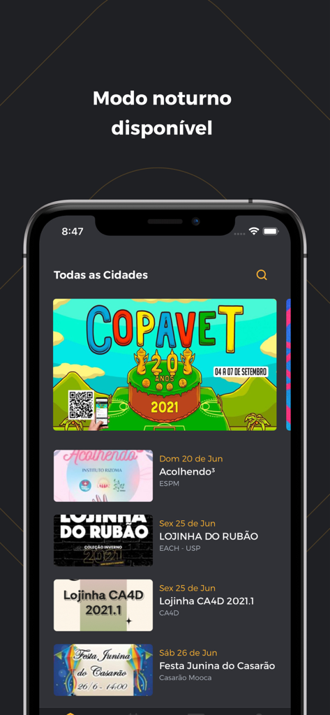 Blacktag mobile app interface in dark mode showing a list of upcoming entertainment events and parties.