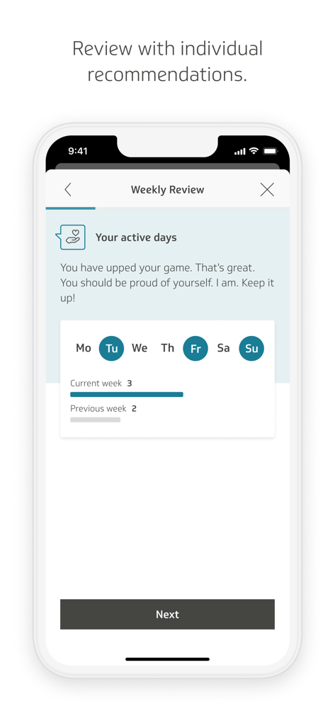 TK-Coach - TK Coach app weekly review screen showing active days and fitness progress