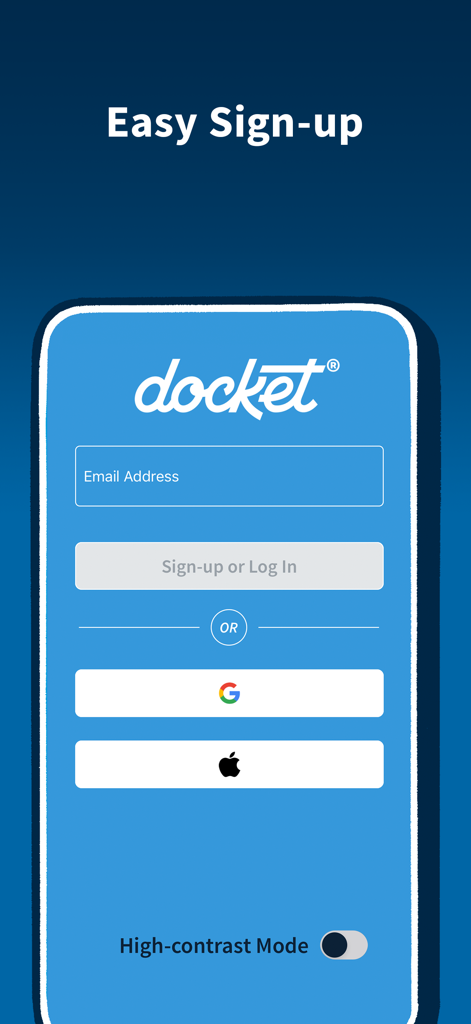 Docket® - Immunization Records - Easy signup and login screen for the Docket immunization records mobile application