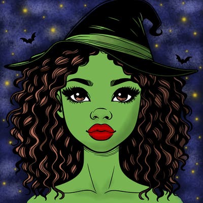 realistic black girl with wavy hair and witch hat and nose and lips