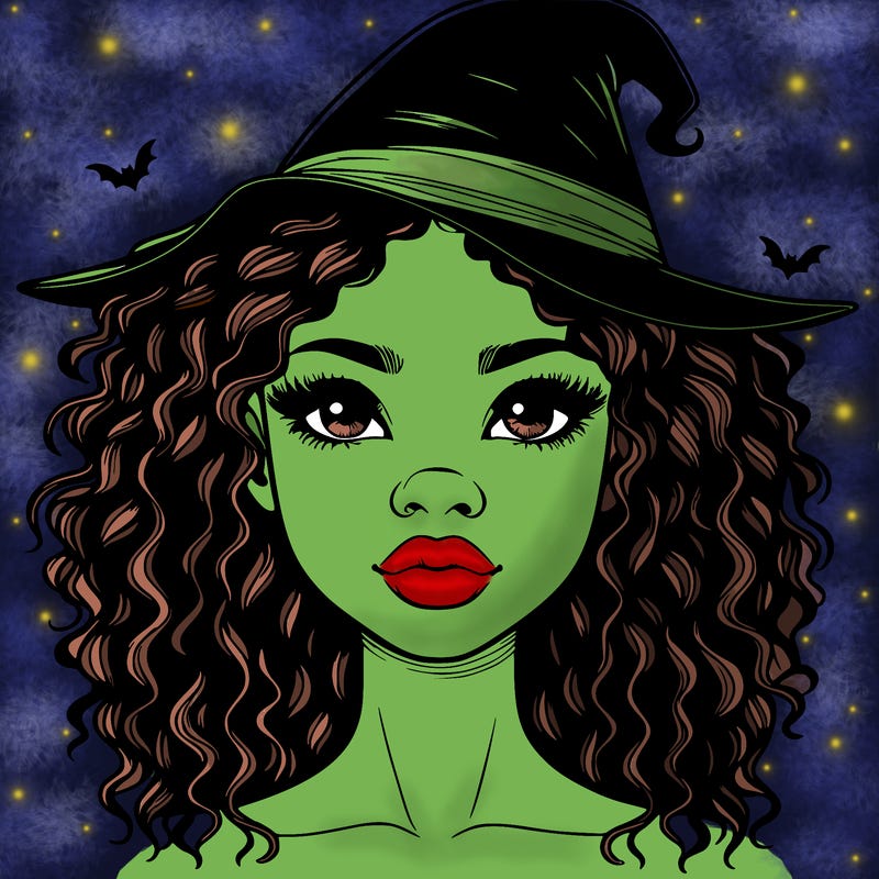 realistic black girl with wavy hair and witch hat and nose and lips