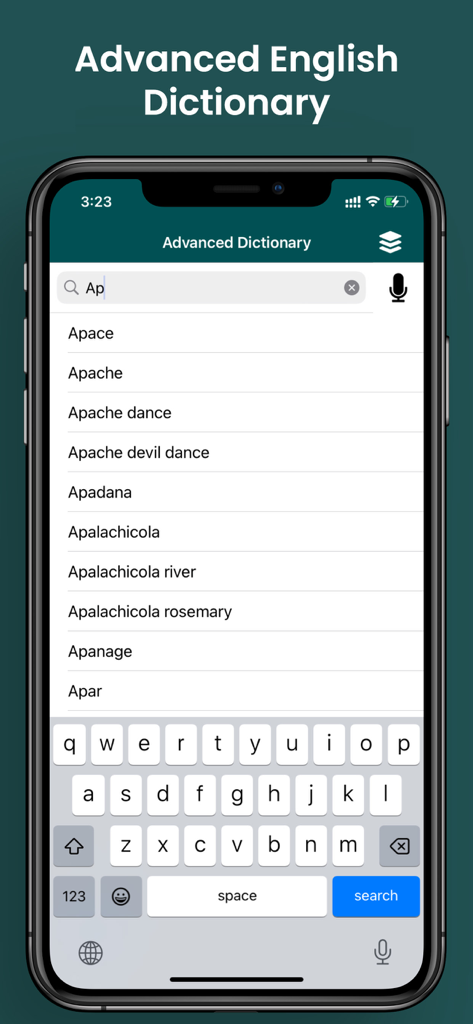 English Dictionary - Interfaccia di ricerca dell'app Dizionario Inglese che mostra suggerimenti di parole che iniziano con Ap
