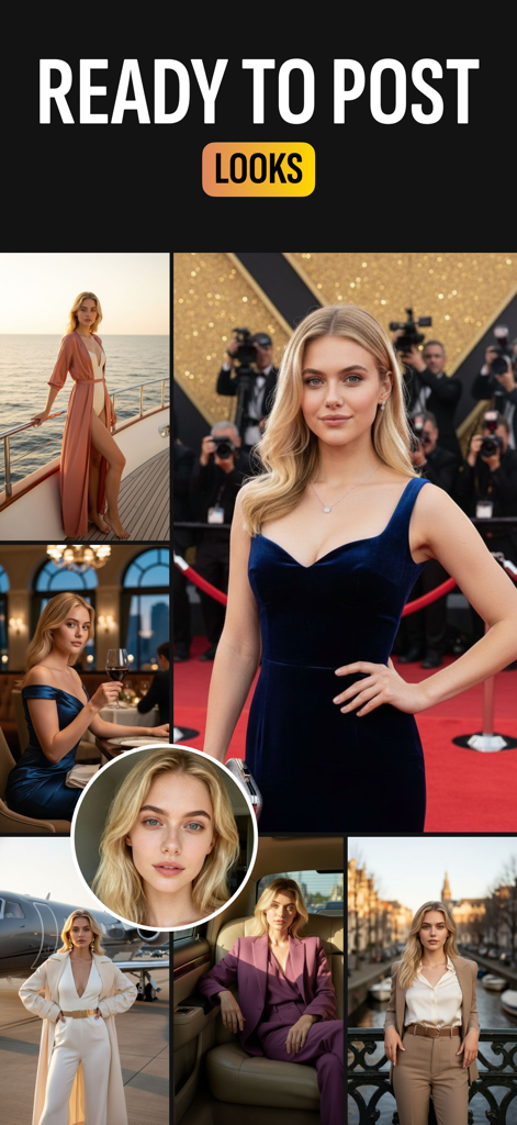 AIYAI - AI Photo & Video Maker - A collage showing a woman in various AI-generated glamorous settings like a red carpet and private jet highlighting ready to post looks.