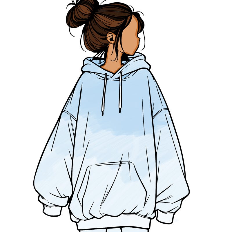 realistic girl with a oversized sweatshirt on and a bun