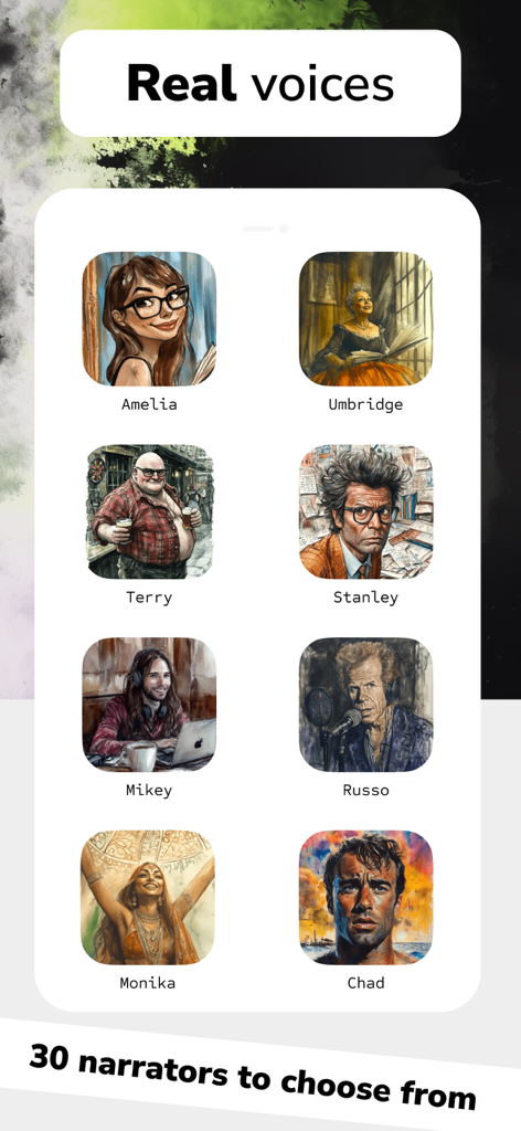 Poddle - AI podcast lessons - A menu in the Poddle app showing various AI narrator portraits and names like Amelia and Chad under the heading Real voices