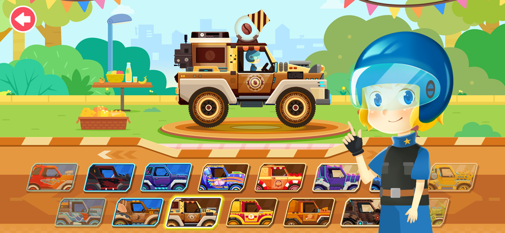 Dinosaur Guard Games for kids - A character in a blue helmet pointing at a large off-road vehicle in a selection menu featuring various truck designs.