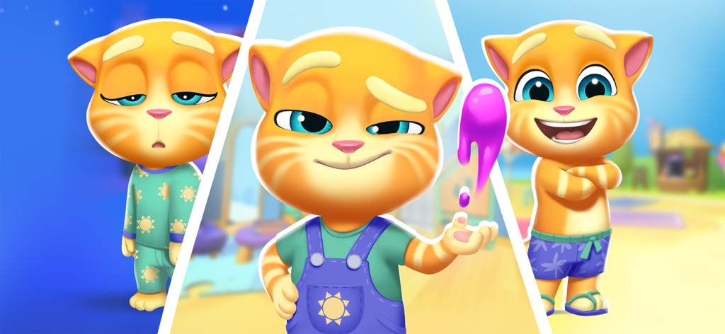 My Talking Tom Friends 2 - Three panels showing a ginger cat character in pajamas, overalls with purple slime, and beach attire