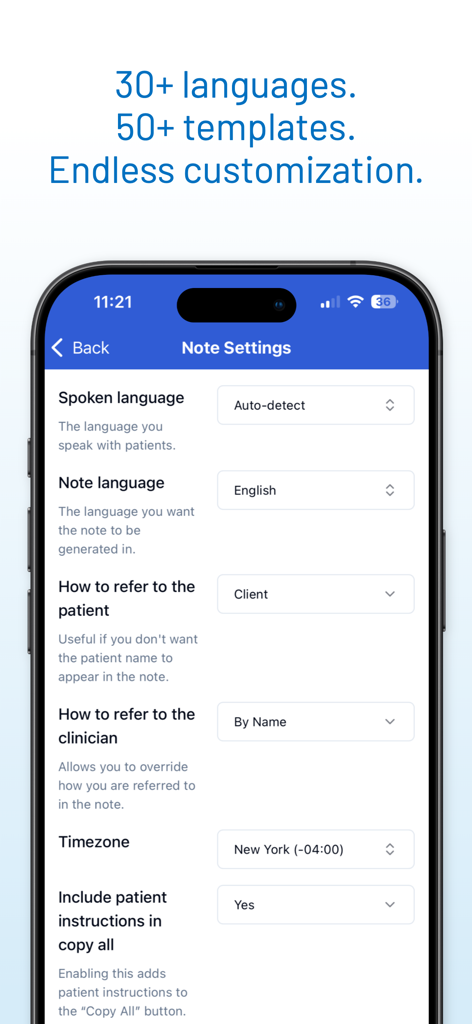 Customization settings in the Twofold AI Medical Scribe app showing language and template options for clinical notes.