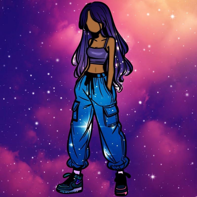 girl in baggy pants crop top and long hair