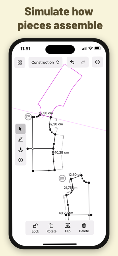 A digital sewing pattern assembly simulation in the DartSide app showing vector lines and measurements