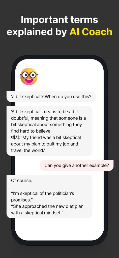 Un coach IA expliquant la signification et l'utilisation de termes anglais avec des exemples dans une interface de chat.