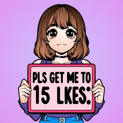 realistic girl holding up a sign that says “pls get me to 15 likes!”