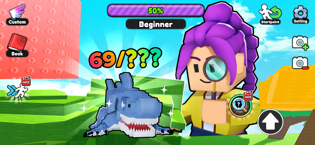 Find it: Brainrots Mod explore - Personaje de bloques con una lupa encontrando un tiburón azul en el juego Find it Brainrots Mod explore