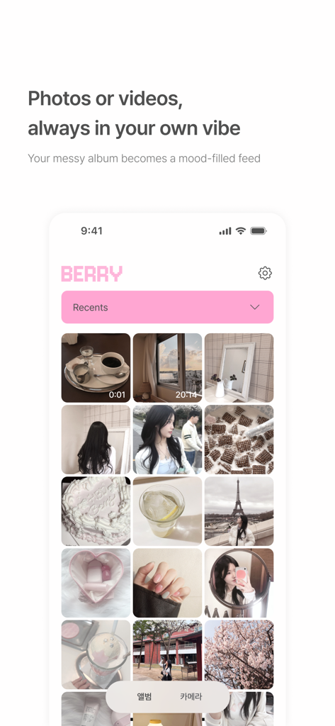 BerryFilm - Korean Style Cam - A screenshot of the BerryFilm app interface displaying a curated grid of aesthetic photos and videos with soft Korean style filters